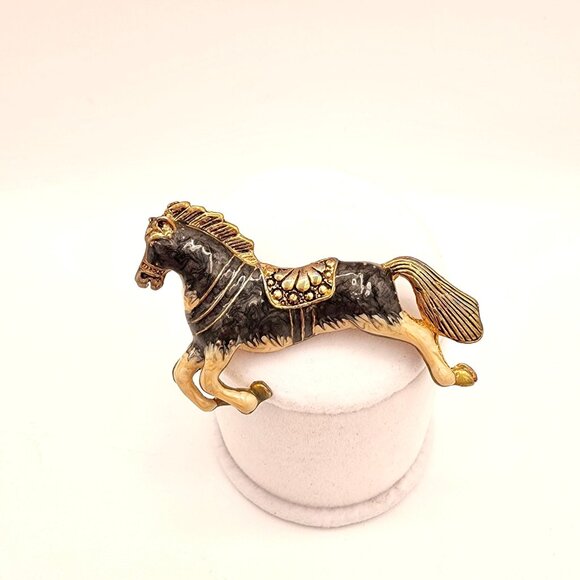 Vintage Enameled Horse Pin Brooch Gold Tone Black White 3" Jewelry Accessory - Picture 1 of 5